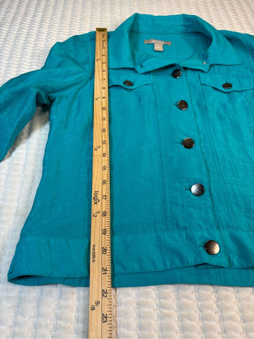 Chico's Size 1 M Turquoise Teal Lightweight Snap Front Shirt Jacket 3/4 Sleeve - Picture 6 of 6